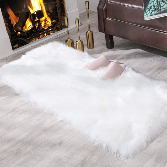 Carvapet 2x4 White Faux Sheepskin Rug - Soft Shaggy Bedside Floor Carpet, Plush Fuzzy Throw and Long Faux Fur Mat for Bedroom Living Room Chair Sofa