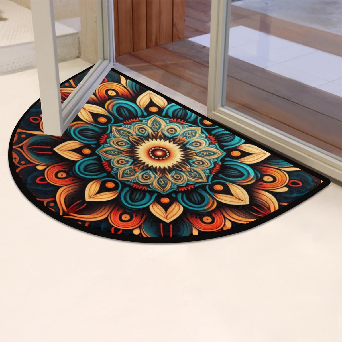 Bohemian Flower Half Round Doormat Boho Floral Washable Semi Circle Area Rug Non Slip Absorbent Half Moon Rug for Indoor Outdoor Bathroom Kitchen Patio Front Welcome Fireplace Hearth Floor Mat