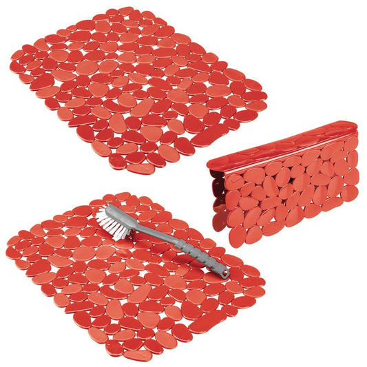 mDesign Adjustable Dish Drying Mat/Grid - Soft Plastic Sink Protector, Cushions Sinks & Dishes - Quick Draining Pebble Design - Set of 3 - Red