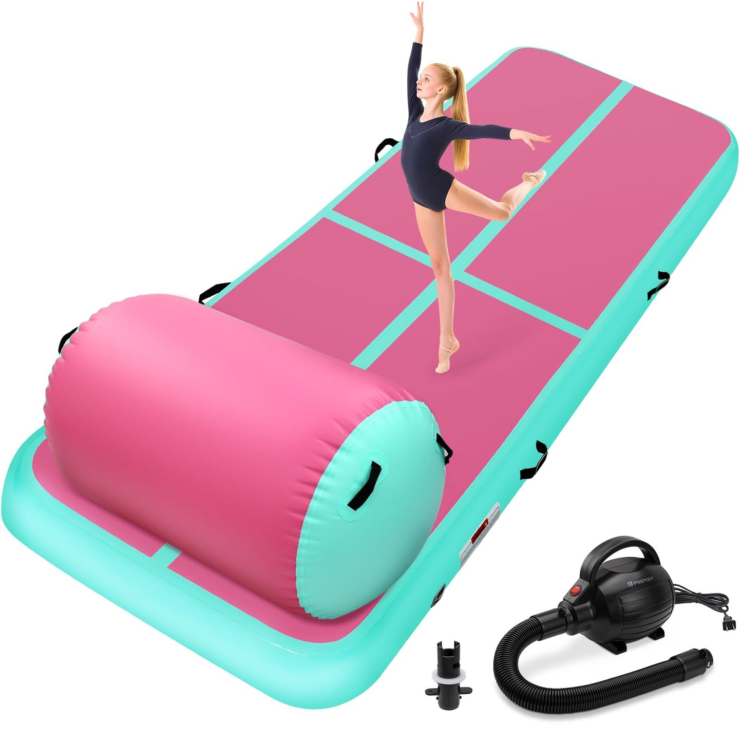 KIKILIVE Inflatable Gymnastics Tumble Mat 10ft and Air Roller 40x23inch Pink Green, Air Mat Track 4 inches Thickness and Air Roller Gymnastics Barrel with Electric Air Pump for Home Use Outdoor Training Cheerleading Beach Park