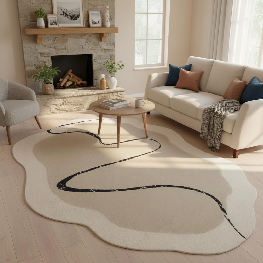 5x8 Irregular Rug Modern Minimalist Off White Brown Line Art Deco Abstract Shaped Rug for Meetingroom Bedroom Living Room Washable Thin Plush Carpet Non Skid Easy Clean Nursery Indoor Floorcovers