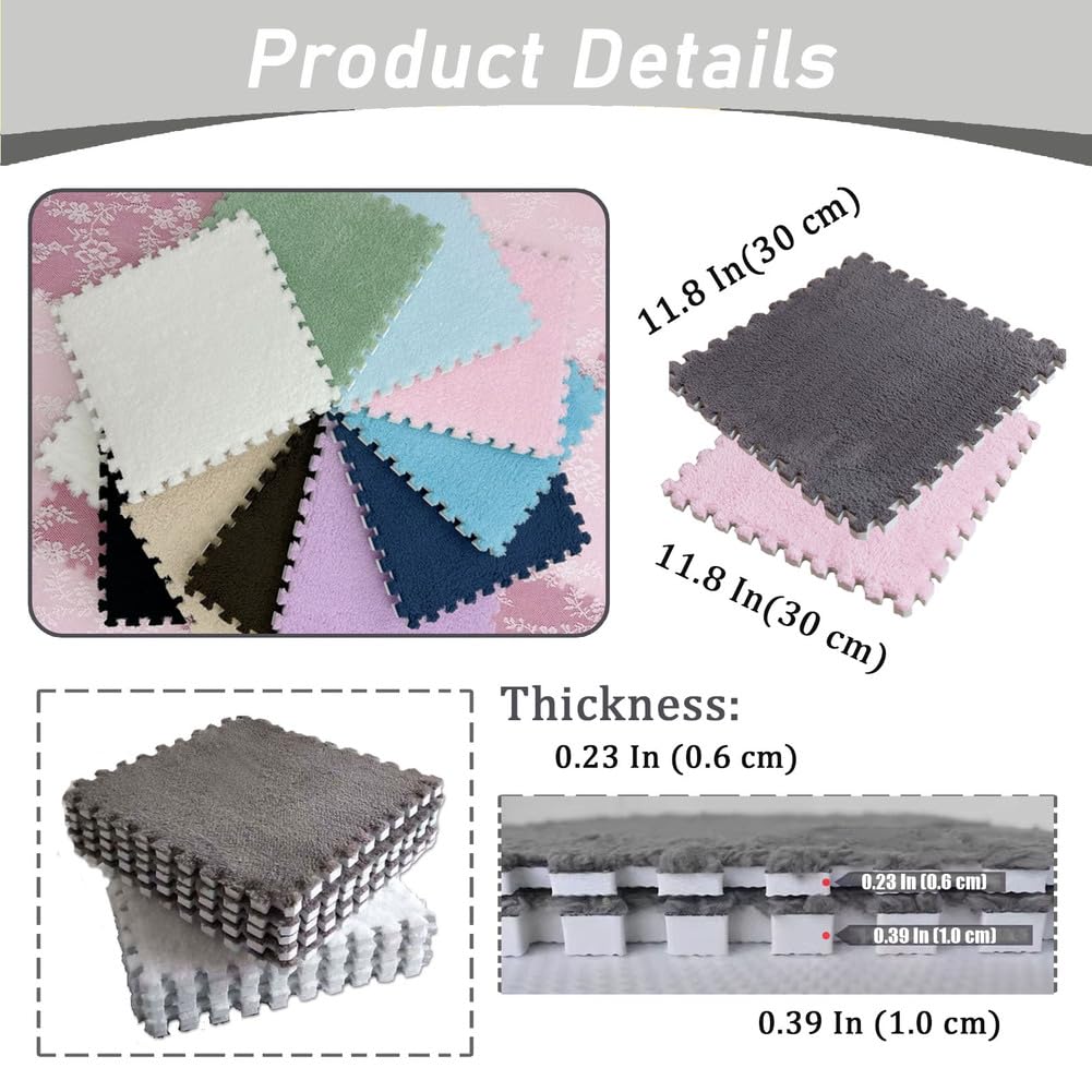 FYYSJW 10 Piece Plush Patchwork Foam Floor Mat, Soft Interlocking Floor Carpet Squares, Fluffy Puzzle Area Rug, 12 X 12 Inch,Khaki