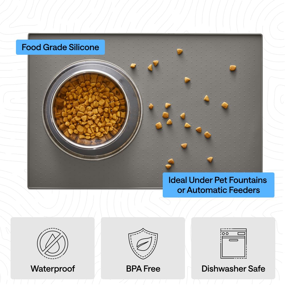 GORILLA GRIP 100% Waterproof Raised Edge BPA Free Silicone Pet Feeding Mat, Dog Cat Food Mats Contain Spills Protects Floors, Placemats for Cats and Dogs Water Bowl, Pets Accessories 23x15 Gray