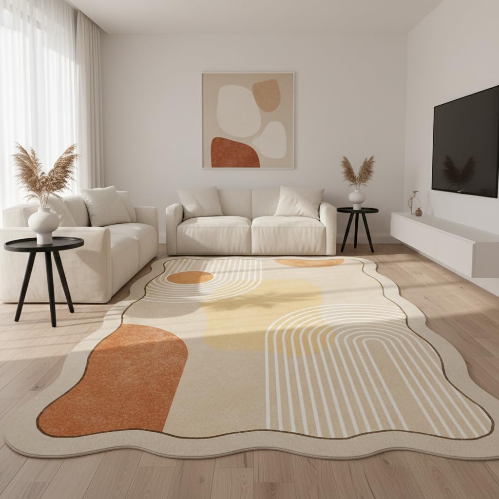Unique Minimalist Geometric Cream Style Beige Orange Yellow Irregular Shaped Rug for Living Room Bedroom Diningroom Soft Wool Foldable Quick Dry Carpet Under Table Office Aesthetic Floor Rug 5x7