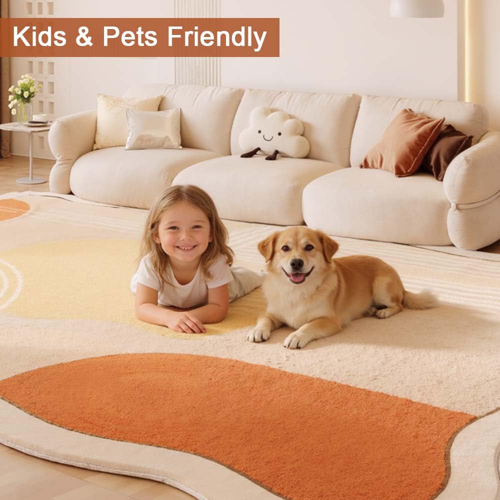 Unique Minimalist Geometric Cream Style Beige Orange Yellow Irregular Shaped Rug for Living Room Bedroom Diningroom Soft Wool Foldable Quick Dry Carpet Under Table Office Aesthetic Floor Rug 5x7