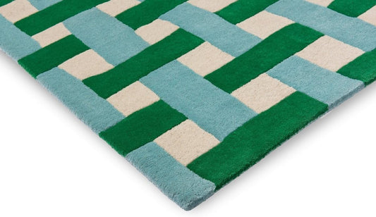 RUGWYN Hand-Tufted Basketweave Wool Area Rug, Modern Checkered Plaid Pattern, Geometric Decorative Floor Carpet for Living Room Bedroom, Dining Area & Nursery (Emerald, Aquarmarine, 2.6' x 9')