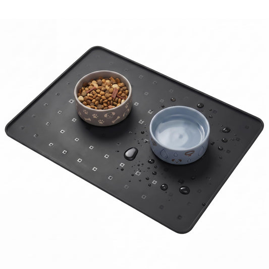 TCULOSD Silicone Pet Feeding Mat, 26x18 Inch Waterproof Dog Bowl Mat – Non-Slip, Machine Washable, Thin 0.23 Inch Edge for Messy Eaters, Protects Hardwood & Tile Floors, Black