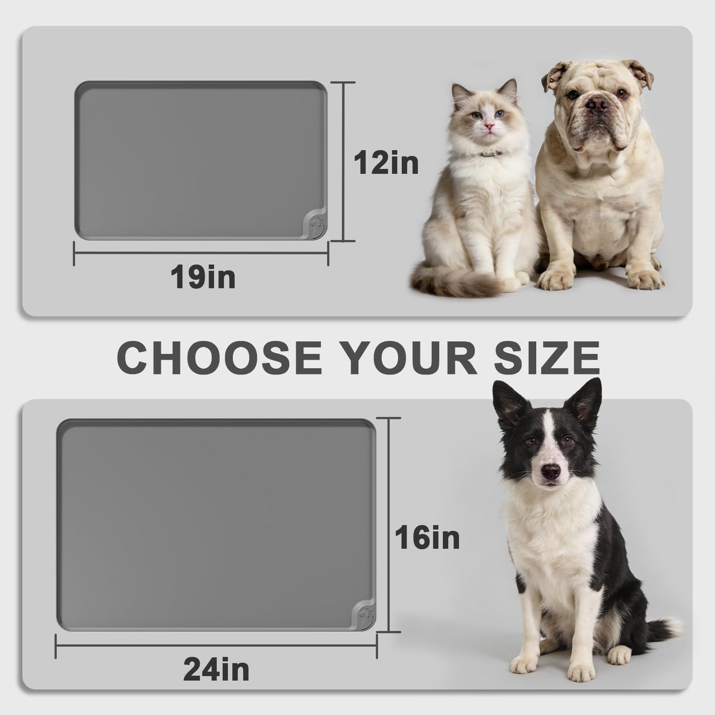 ESTHELLO Waterproof Pet Feeding Mats - Advanced Silicone Dog Food Mat Easy to Clean for Dog & Cat Bowls, 24''x16'' Premium Gray