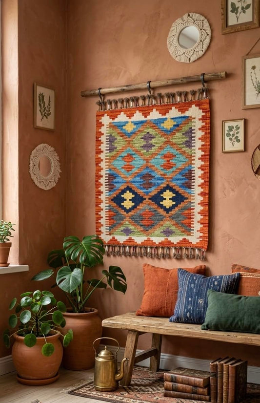 (Handmade Turkish Area Rug(YORUK Kilim) - 100% Wool - 20x22 in (1.5x2 ft) Small Accent Rug - Autumn Tones Geometric Diamond Design, Boho Decor for Side Table, Entryway, Wall Hanging)