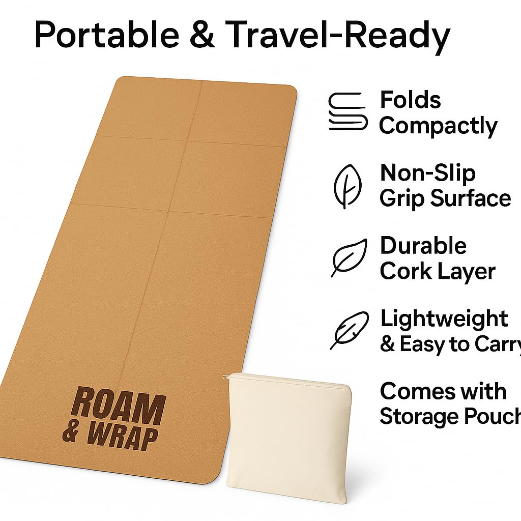Roam & Wrap TRUE FOLDING Cork Yoga Mat 5mm Thick - Not Rolled, Fits in Backpack & Carry-On - Non-Slip Portable Mat for Travel, Pilates & Gym