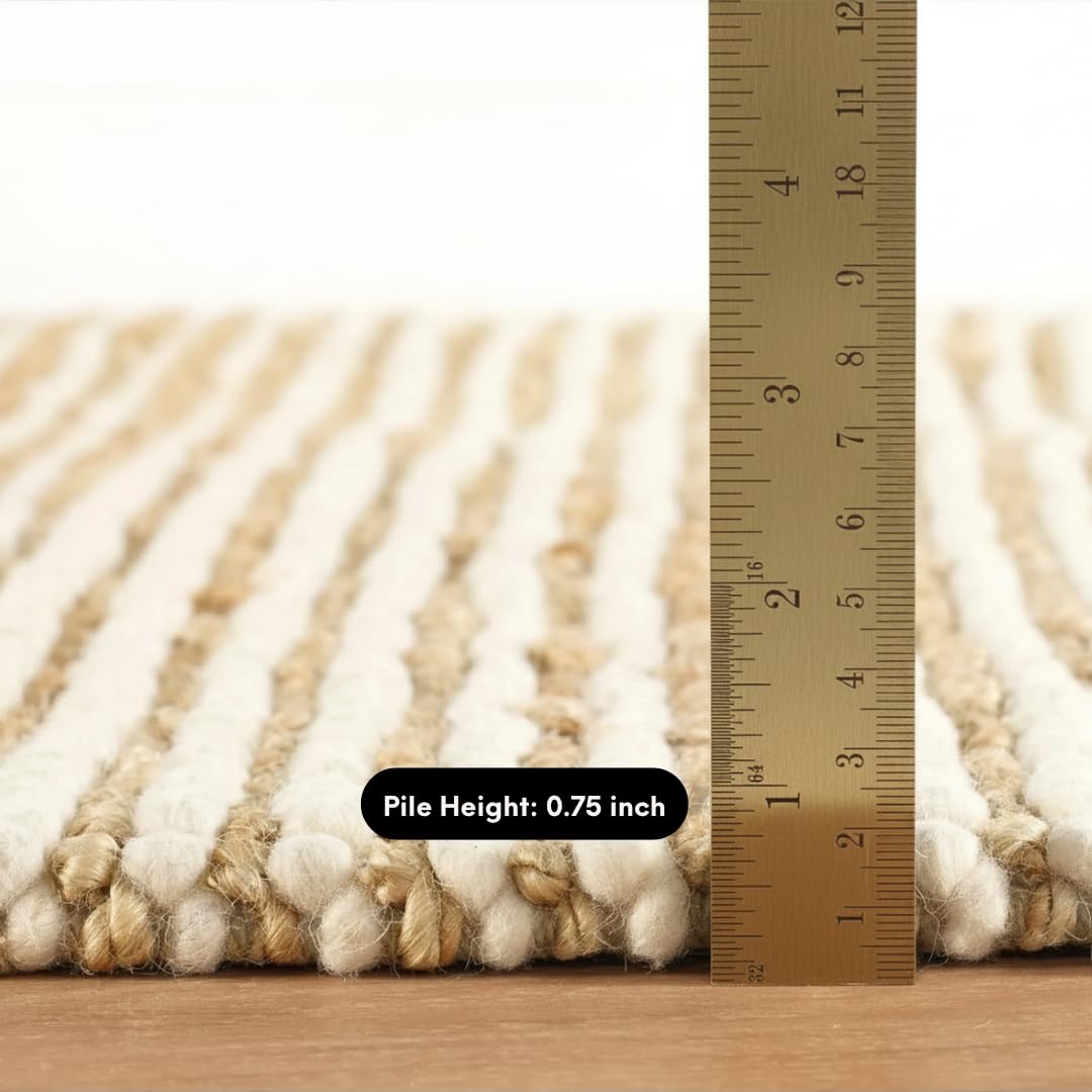 FRELISH DECOR Area Rug 4x6 feet - Premium Wool and Jute Blend Handwoven Rugs - Natural Fiber Chunky Stripe Rugs for Living Room, Bedroom, Hallways, Dining Area: Natural Ivory