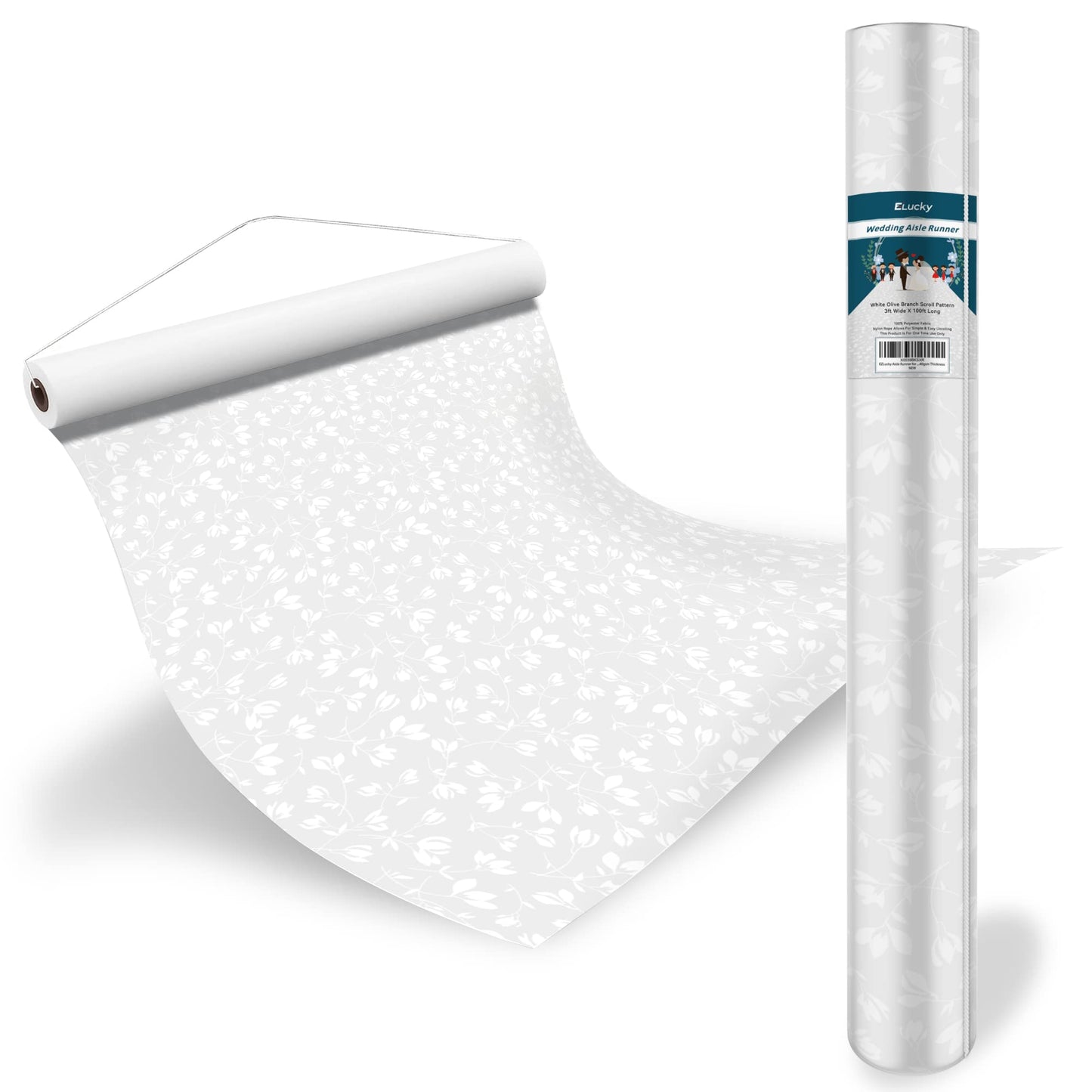 EZLucky Extra Long Wedding Aisle Runner 3x100 ft, White Non-Slip Runner with Double-Sided Tape & Pull Cord, Indoor Outdoor Aisle Runner for Wedding Ceremony, Cuttable Scroll Pattern