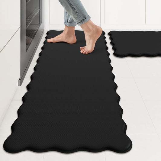 KIMODE Scalloped Kitchen Mats for Floor Cushioned Anti Fatigue,Wavy Kitchen Sink Rugs Sets of 2 Non Slip,Comfort Memory Foam Kitchen Floor Mat Carpet for Office Laundry,Black