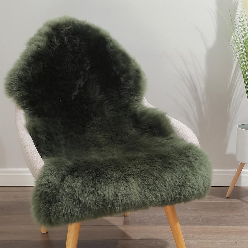 IRIWOOL Premium Genuine Fur Sheepskin Rug Real Australia Sheepskin Natural Luxury Fluffy Lambskin Fur Area Rug Seat Covers for Kids Bedroom Sofa Chair Cover (Military Green, Single Pelt/2ft x 3ft)