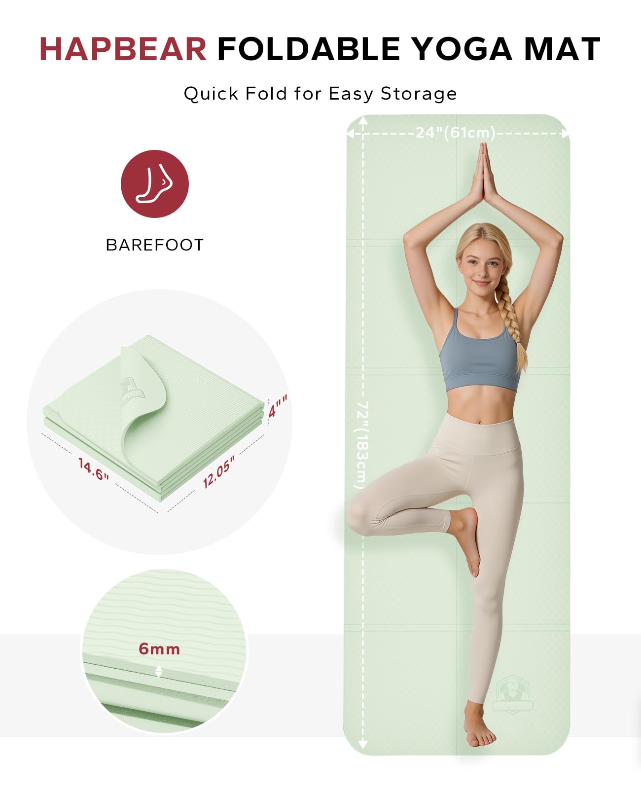 HAPBEAR Foldable Yoga Mat - 72"x24"x0.24" (6mm), Non-Slip TPE Exercise Mat for Home Workout, Yoga, Pilates,Stretching, & Travel, Durable & Eco-Friendly, Includes Carry Bag