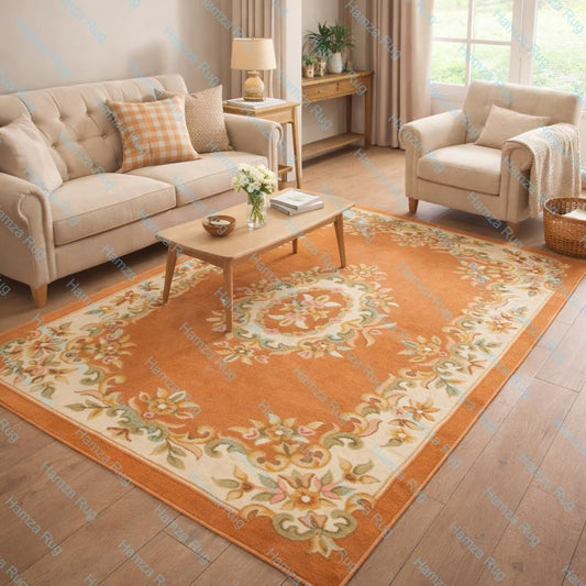 Handmade Tufted Area Carpet, Floral Oriental Medallion Design, Luxury Multicolor Floor Covering, Traditional Handmade Home Décor, Vintage Style Living Room Carpet (APRICOTE, 7X10 FEET)
