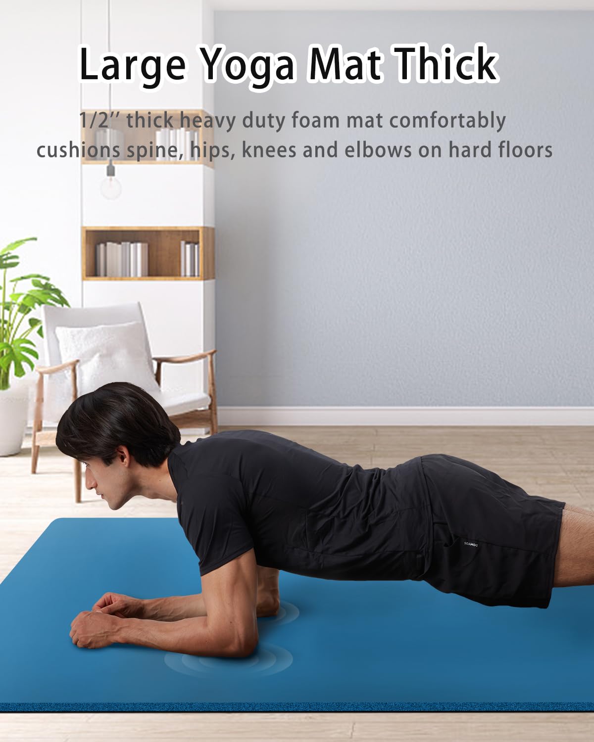 YR Large Yoga Mat for Men Exercise Mat 76"x35" 15mm Thick Foam Mat - Blue