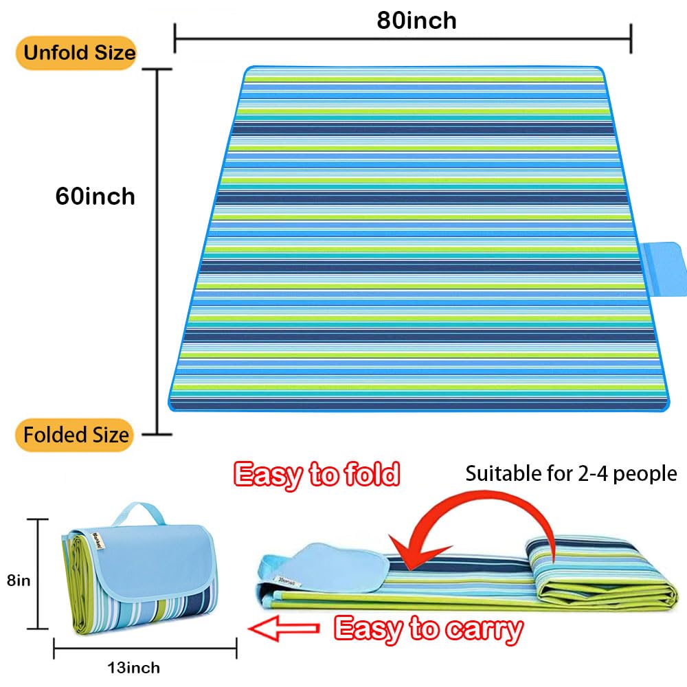 K Y KANGYUN Picnic Blanket | Beach Mat| Picnic Blankets for Indoor and Outdoor, 80" x 60" Sandproof Waterproof Larger Mats for Travel, Camping, Hiking, Park Grass, Handy Tote, Foldable (Blue Line)