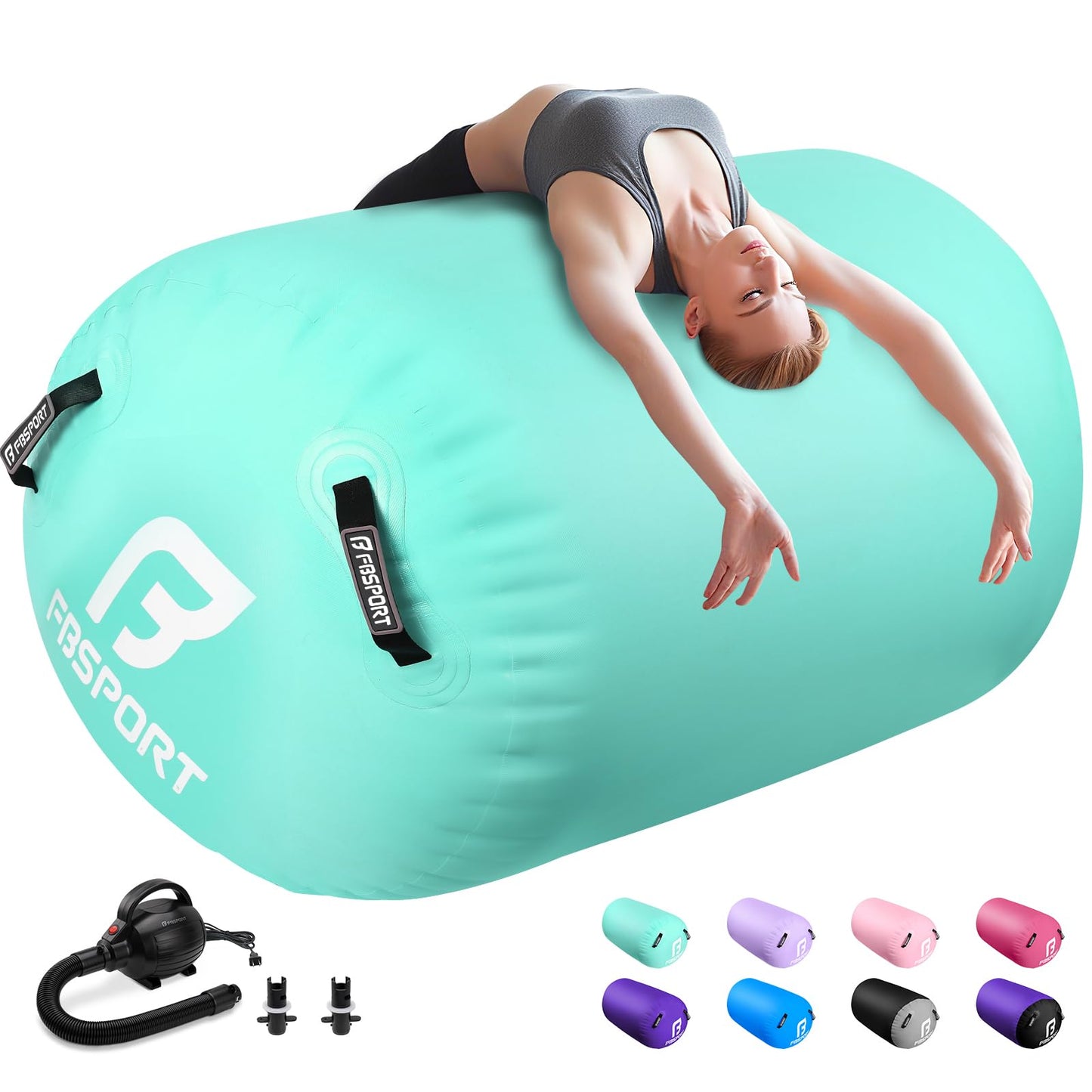 FBSPORT Air Roller Gymnastics Barrel, Inflatable Gymnastics Air Roller Inflatable Air Gymnastics Mat with Electric Pump for Yoga Cheerleading Training Home Outdoor Use (39x24inch Green)