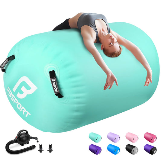 FBSPORT Air Roller Gymnastics Barrel, Inflatable Gymnastics Air Roller Inflatable Air Gymnastics Mat with Electric Pump for Yoga Cheerleading Training Home Outdoor Use (39x24inch Green)