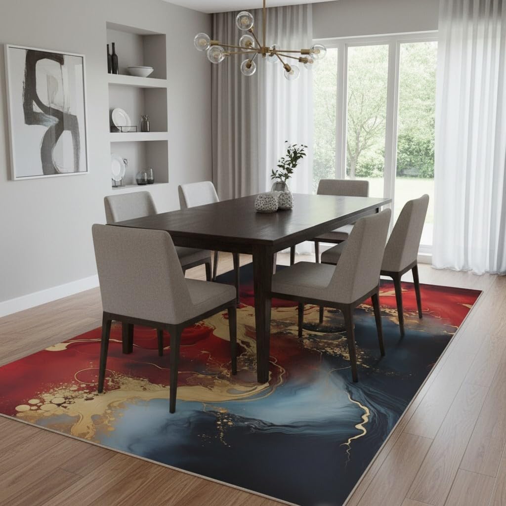 Red Navy Gold Marble Swirl Modern Abstract Soft Wool Area Rug 3x5 Non Shedding Luxury Aesthetic Living Room Bedroom Guestroom Rug Washable No Slip Diningroom Office Dorm Kitchen Floor Carpet