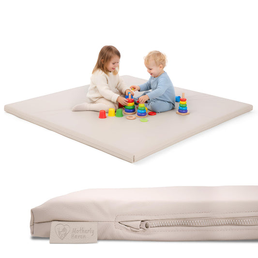 Motherly Haven Thick Baby Play Mat – 50x50x1 Rollable Foam Floor Mat for Babies, Tummy Time, Crawling & Safe Indoor Play – Waterproof, Non-Toxic & Easy to Clean – Beige