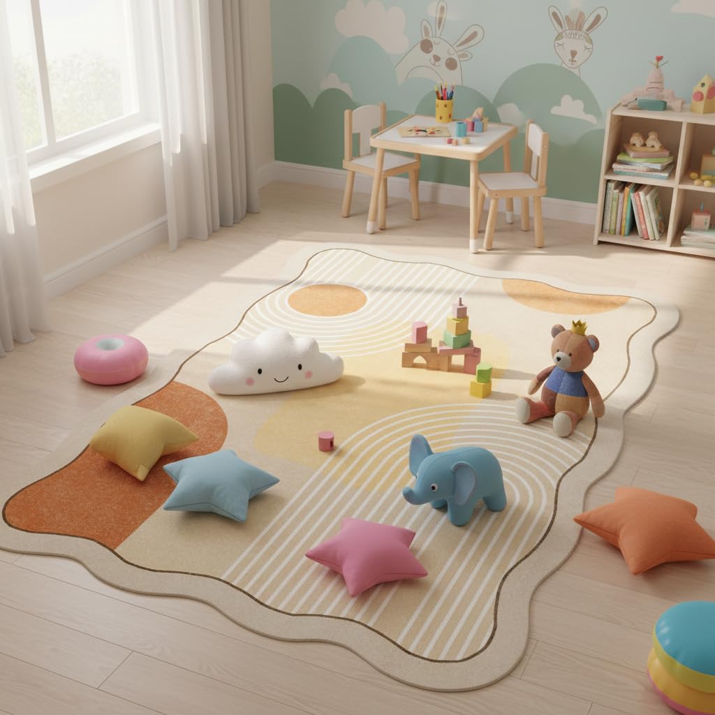 Unique Minimalist Geometric Cream Style Beige Orange Yellow Irregular Shaped Rug for Living Room Bedroom Diningroom Soft Wool Foldable Quick Dry Carpet Under Table Office Aesthetic Floor Rug 5x7