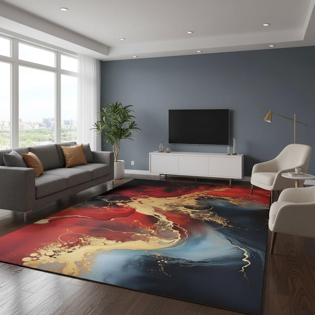 Red Navy Gold Marble Swirl Modern Abstract Soft Wool Area Rug 3x5 Non Shedding Luxury Aesthetic Living Room Bedroom Guestroom Rug Washable No Slip Diningroom Office Dorm Kitchen Floor Carpet