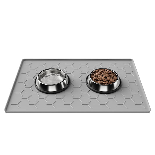 Pieviev 24''x16'' Dog Cat Food Bowl Mat, Silicone Waterproof Food Grade Pet Food Mat for Floor, High Raised Edge to Prevent Spills, Non-Slip & Easy Clean Pet Placemat for Dog & Cat Bowls, Light Gray