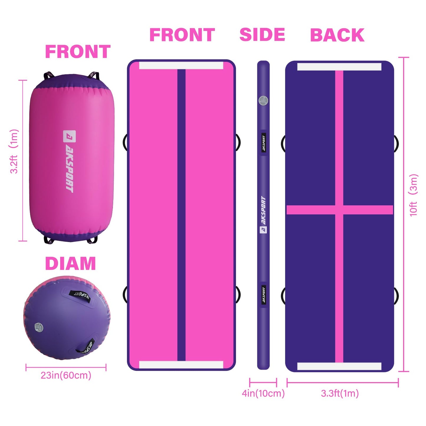 AKSPORT Inflatable Gymnastics Mat with Air Barrel Gymnastics Roller for Back Tumbling/Yoga/Cheerleading/Back Walkovers,with Air Pump