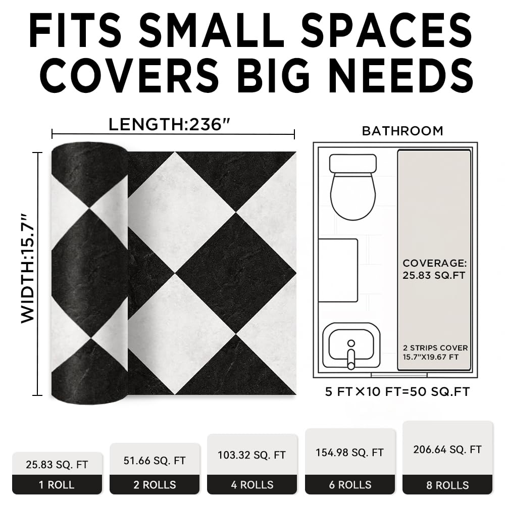 auxua Peel and Stick Floor Tile, Black Checked Pattern Continuous Vinyl Roll Flooring – 15.7'' x 19.68 ft Roll Covers 25.83 sq. ft, Effortless Alignment, Seamless Look Design for Bathroom, Kitchen