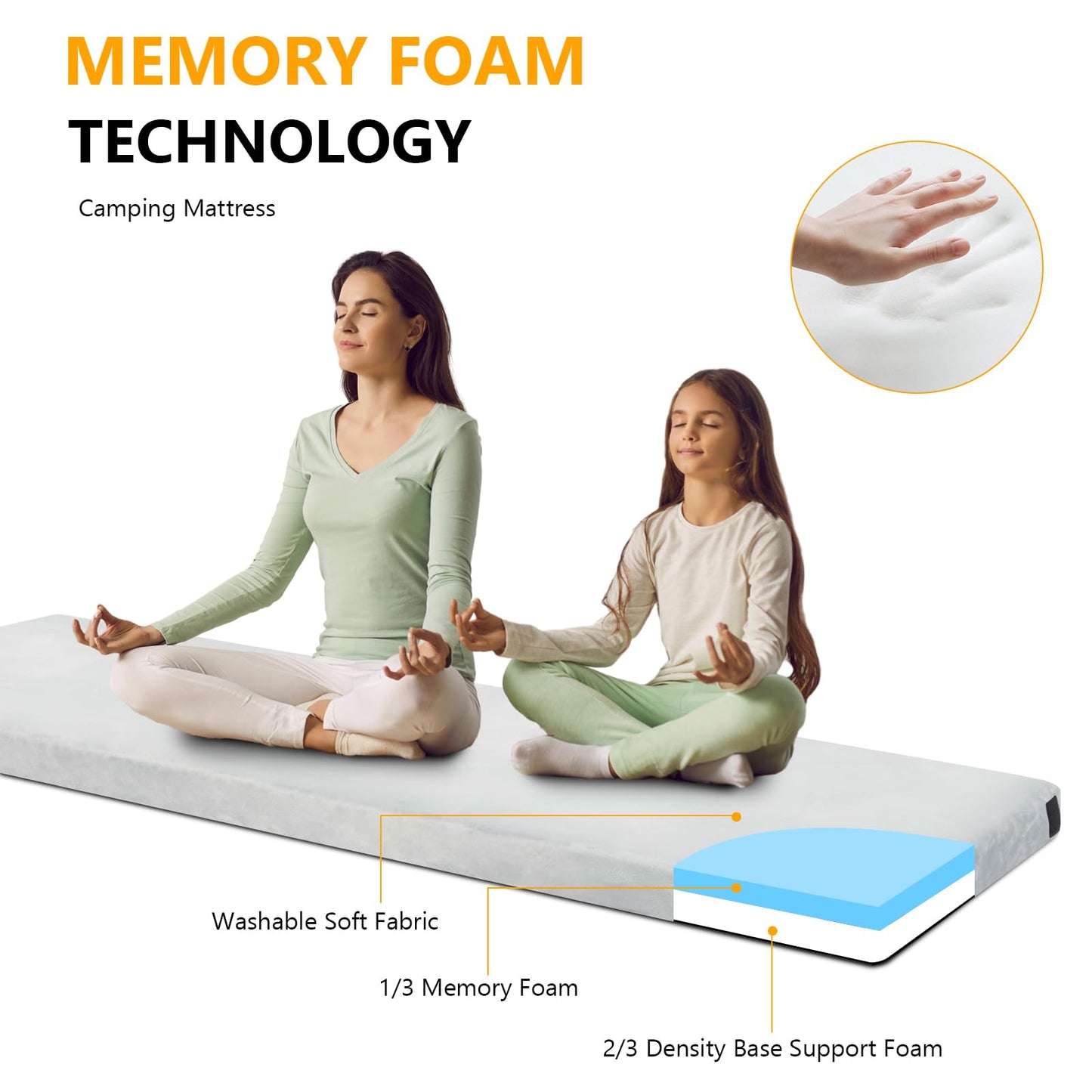 Outvita Sleeping Pad, Portable Camping Mat, CertiPUR-US Memory Foam Camping Mattress, Roll Up Floor Bed for Tent, Cot, Truck, Car, Outdoor Travel w/Portable Bag (3" with Pillow / 2.5" Without Pillow)