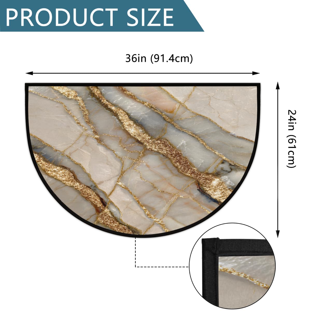 FengQuGou Half Round Doormat Beige Marble Gold Washable Semi Circle Area Rug Non Slip Half Moon Rug Holiday Decor Mat for Indoor Outdoor Bathroom Kitchen Welcome Fireplace Hearth Floor Mat