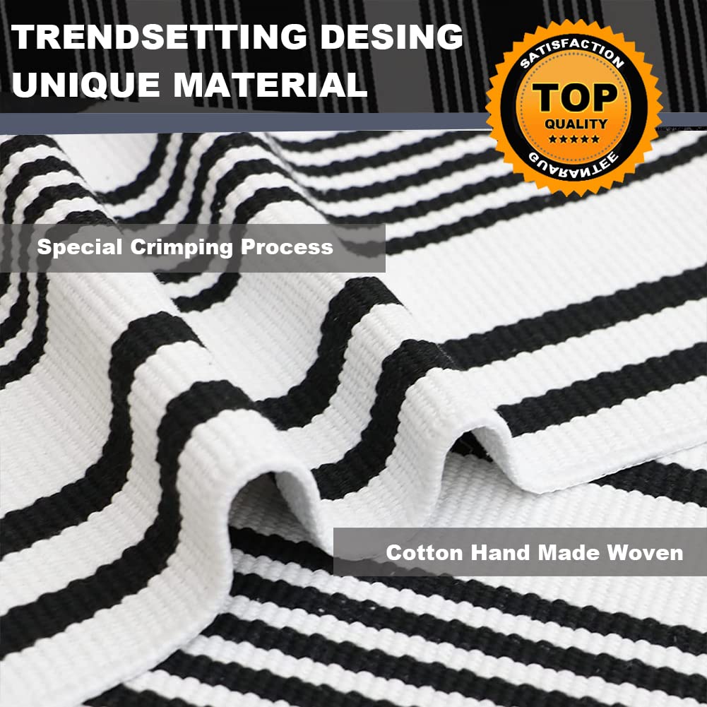 KaHouen Black and White Striped Outdoor Rug 27.5"x43", Front Porch Rug, Hand Woven Cotton Washable Striped Layered Doormats for Layered Door Mats Porch/Kitchen/Laundry Room/Farmhouse/Entryway