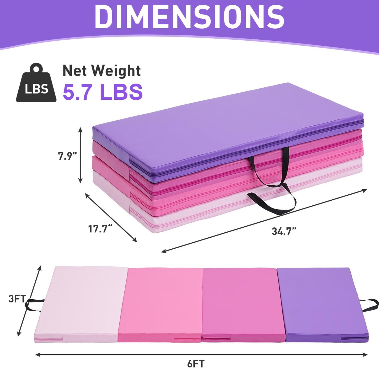 Oneofics Gymnastics Mat, 3'x6'x2'' Thick 4-Panel Folding Kids' Gymnastic Tumbling Mat for Home Gym Exercise & Play