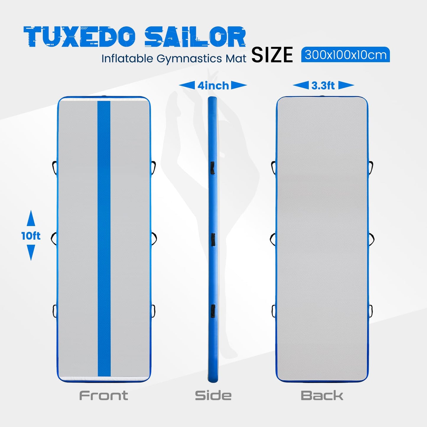 Tuxedo Sailor 10ft/13ft Inflatable Gymnastics Mat, 4-Inch Thick Air Tumbling Track with High-Speed Electric Pump, Storage Bag & Repair Kit for Home Gym, Cheerleading, Yoga, Kids Training (Blue & Pink) GLD-601, GLD-603, GLD-605, GLD-316, and GLD-318