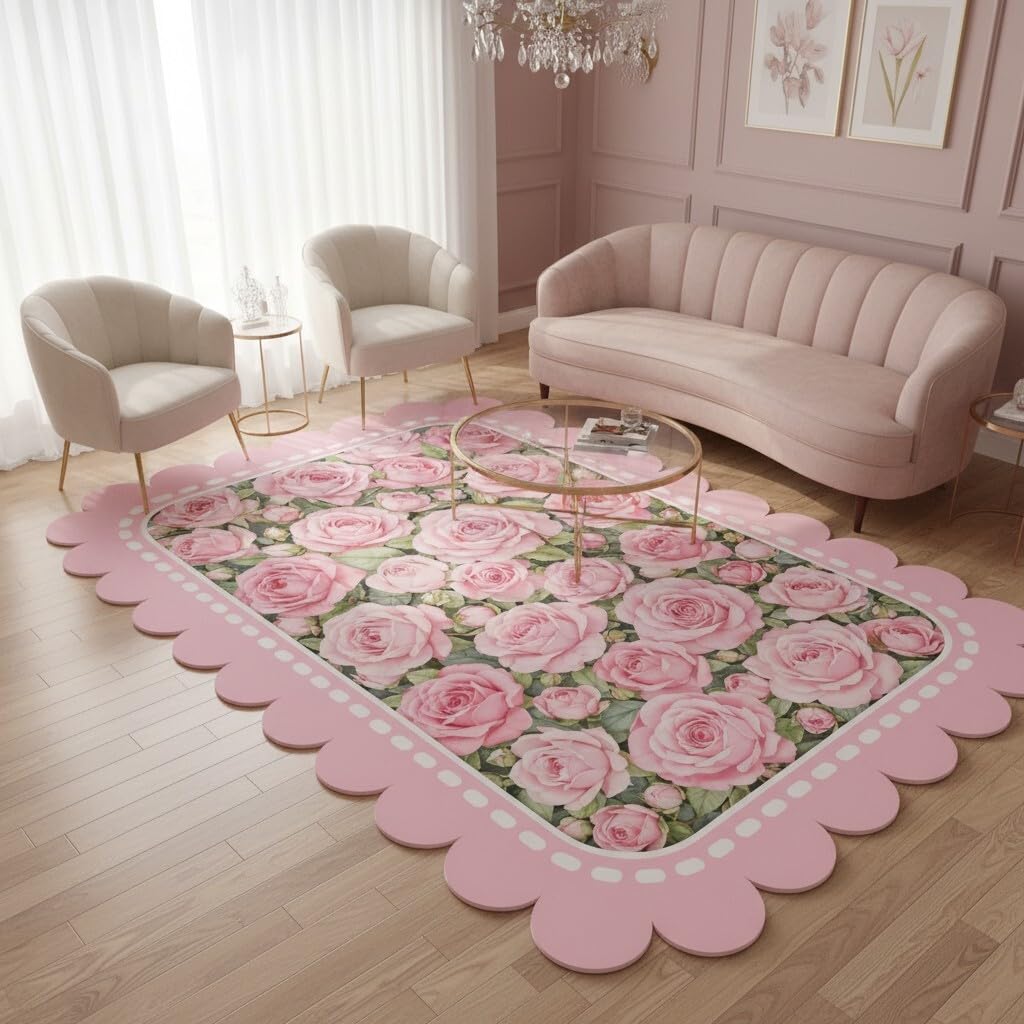 FVPSORBAT Pink Floral Washable Rugs 3x5 Scalloped Edge Rug Modern Geometric Border Flower Rugs for Living Room Bedroom Guestroom Farmhouse Nursery College Dorm Office Lightweight Non Slip Area Rug