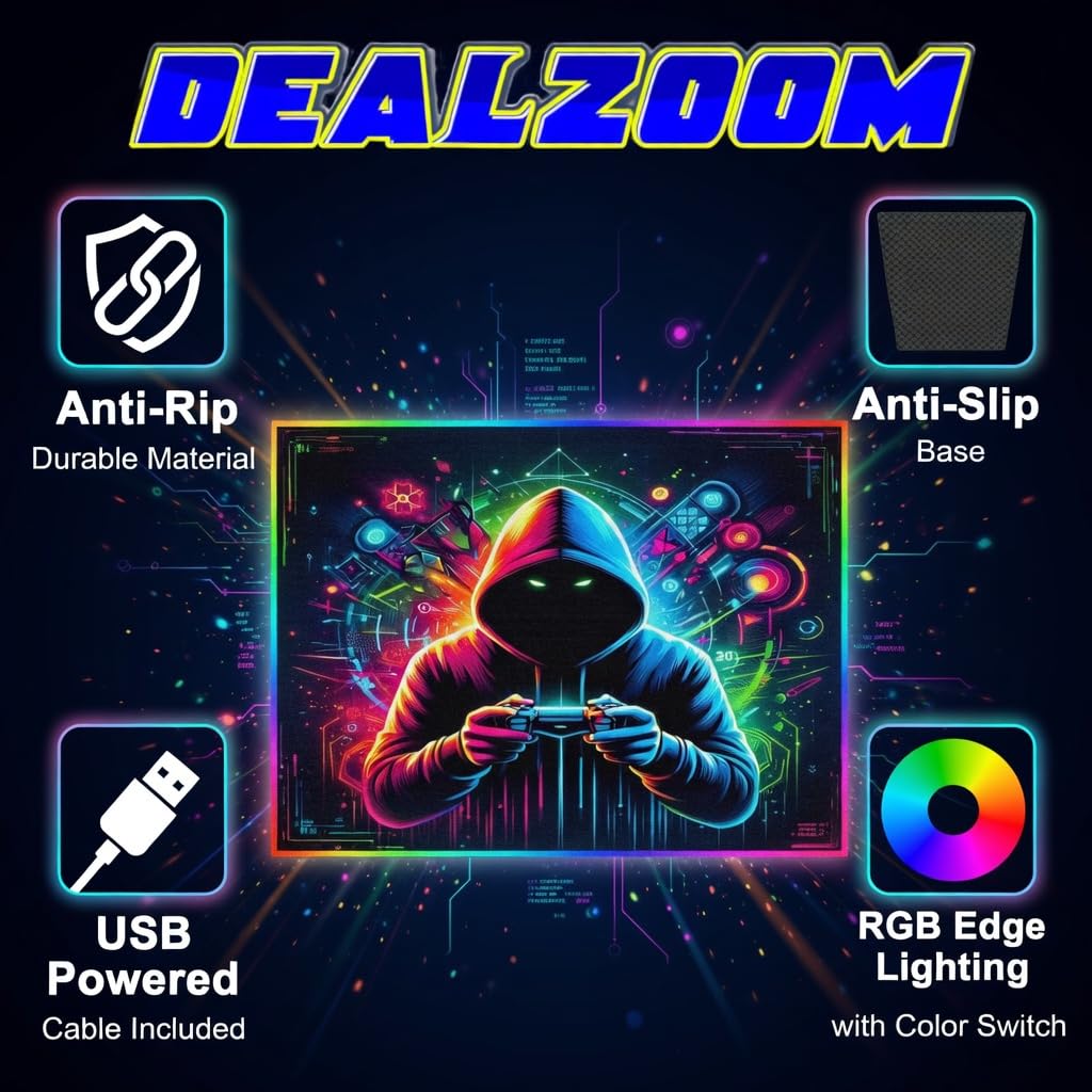 DEALZOOM Gaming Rug RGB LED Light (3x5 Gamer) - Bedroom Gamer Rug Floor Mat Gaming Decor - Kids Room Rug Anti Slip Mat for Chair – Play Game Room Décor for Teen, Boys, Kids
