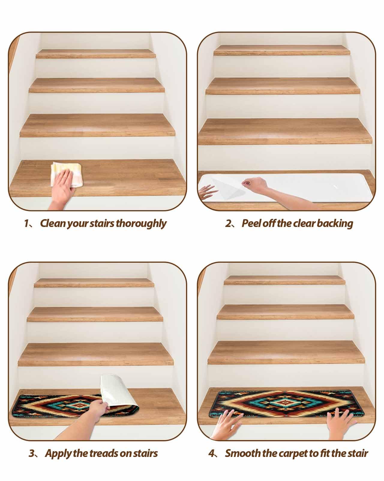 Colorful Boho Aztec Stair Treads for Wooden Steps Indoor Runner Rug Carpet, Rustic Southwestern American Art 15 Pieces Peel and Stick Staircase Step Treads Covers Washable Throw Door Mats, 30"x8"