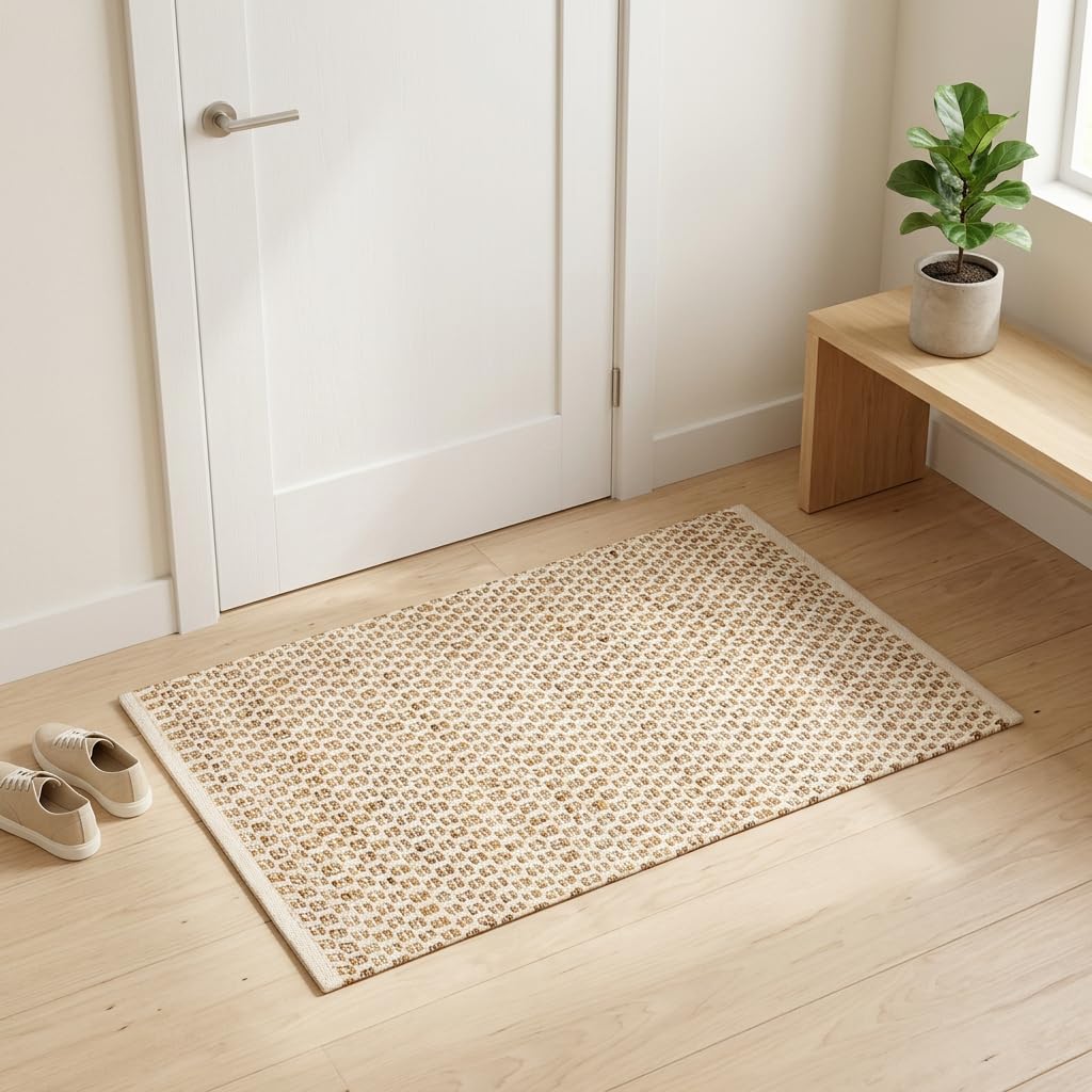 Jute Cotton Hand Woven Rug 2x3 Feet - Natural, Farmhouse Boho Neutral Fiber Floor Rugs Ideal for Entryway, Kitchen, Bedroom, Nursary Room | Beige Reversible Small Area Door Mat for Indoor Outdoor Use