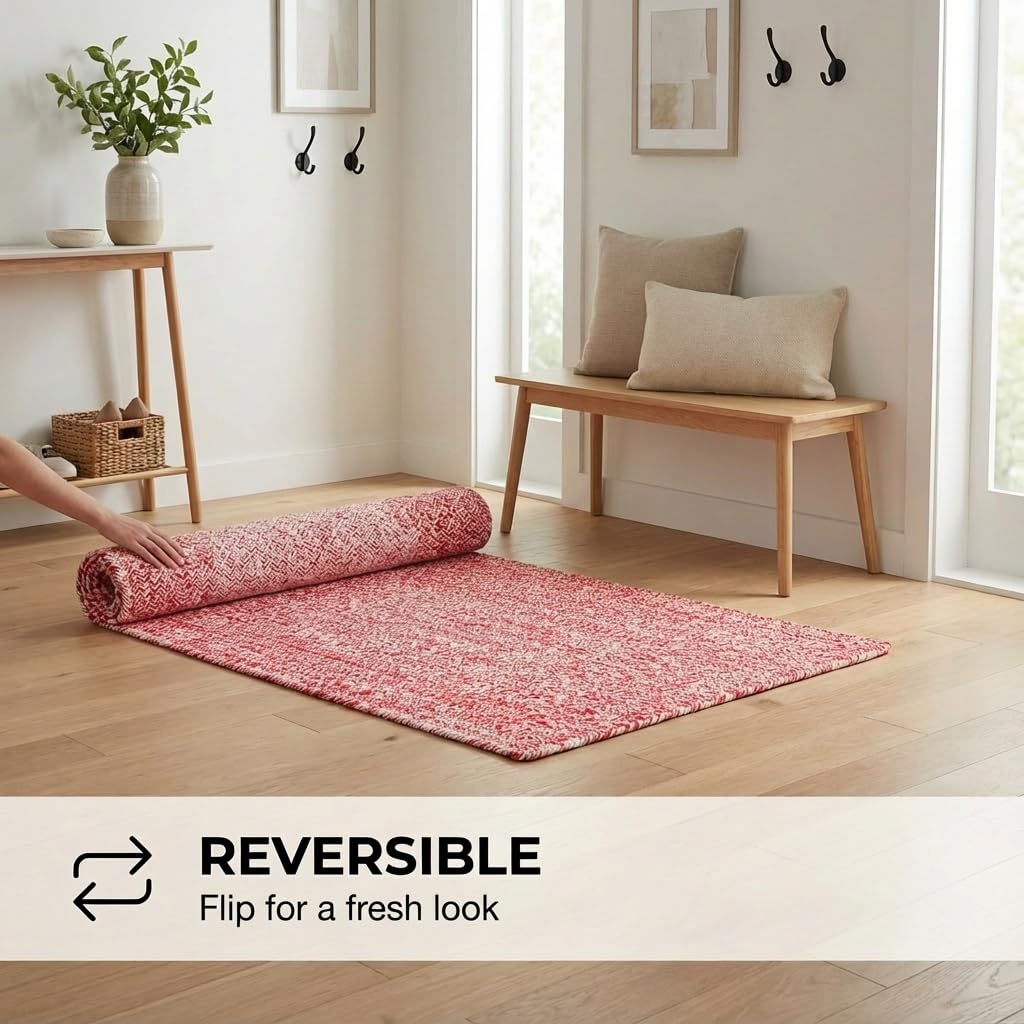 Super Area Rugs Farmhouse Braided Rug Cotton Kitchen Reversible Carpet, Red & White, 2' X 3' Rectangle
