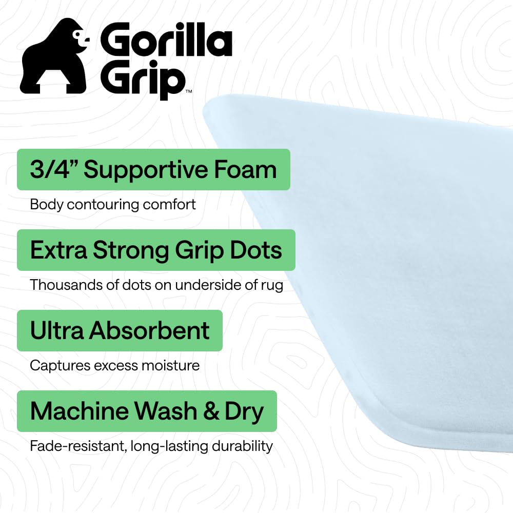 GORILLA GRIP® Memory Foam Bath Rugs, Soft Absorbent Velvet Bathroom Mats, Durable Dots on Underside, Machine Washable Bathmat, Carpet Rug Room Decor for Shower Floor, 24x17 Mat, Light Blue