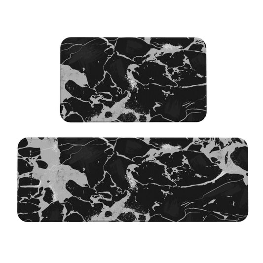 Scczsin Black Gray Marble Kitchen Rugs Microfiber Floor Mats Cushioned Carpet Runner Rug for Laundry Bathroom Living Room, 2 Piece Set 17"X 47" + 17"X 30"