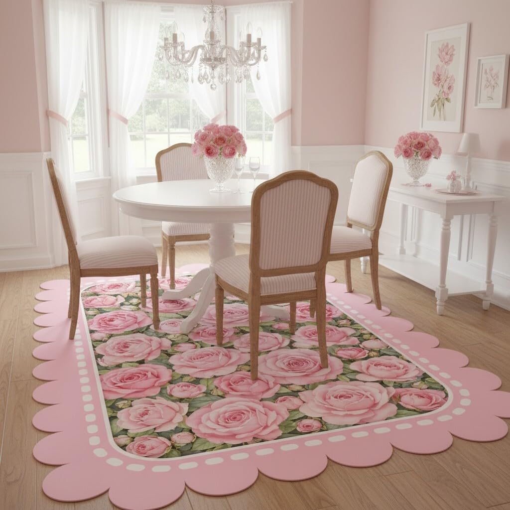 FVPSORBAT Pink Floral Washable Rugs 3x5 Scalloped Edge Rug Modern Geometric Border Flower Rugs for Living Room Bedroom Guestroom Farmhouse Nursery College Dorm Office Lightweight Non Slip Area Rug
