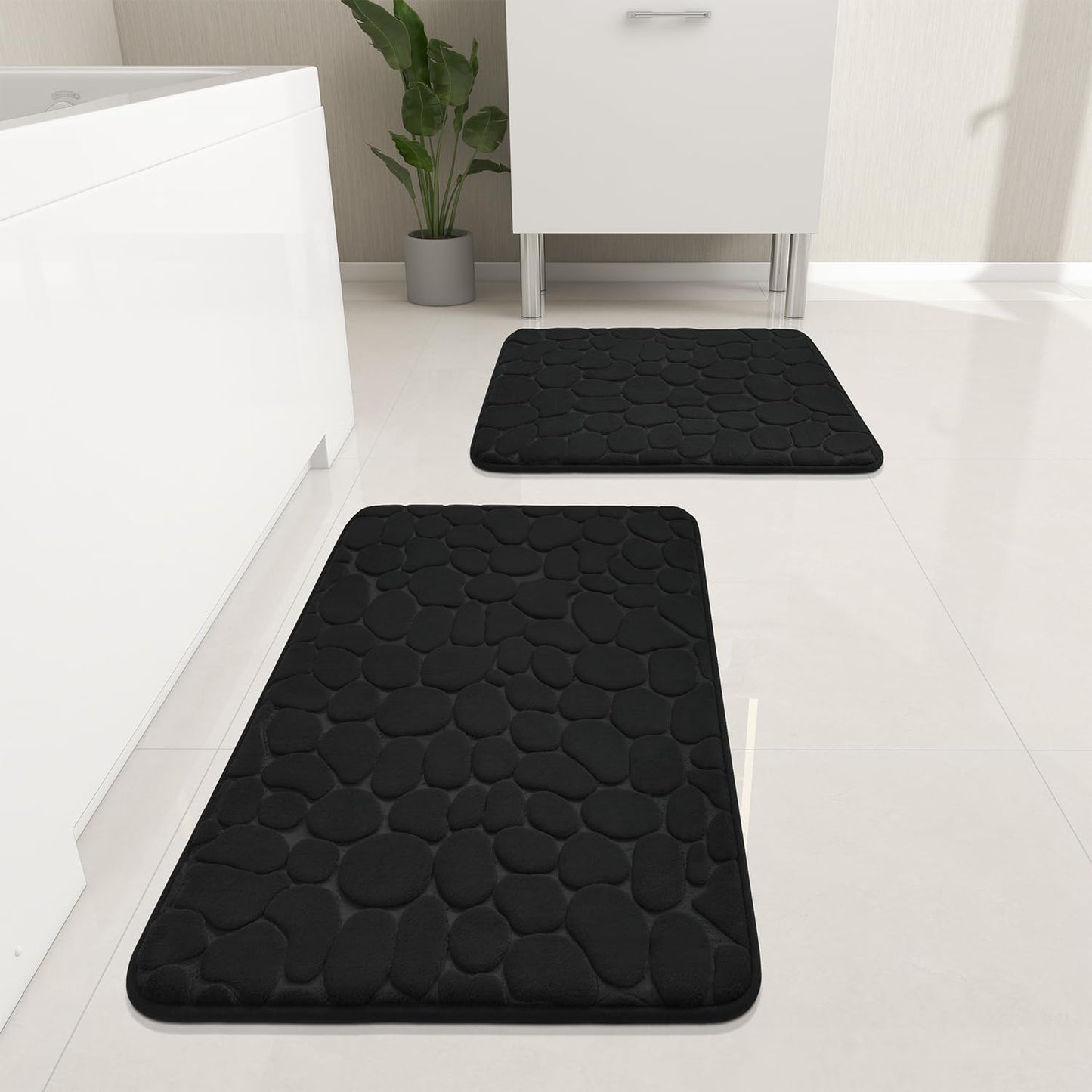 YIHOUSE Bathroom Rugs Mat Set 2 Piece Black, Memory Foam Bath Mats Sets, Non Slip Water Absorbent Washable Bath Rugs for Sink, Toilet and Floor