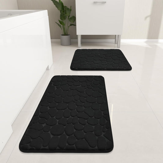 YIHOUSE Bathroom Rugs Mat Set 2 Piece Black, Memory Foam Bath Mats Sets, Non Slip Water Absorbent Washable Bath Rugs for Sink, Toilet and Floor