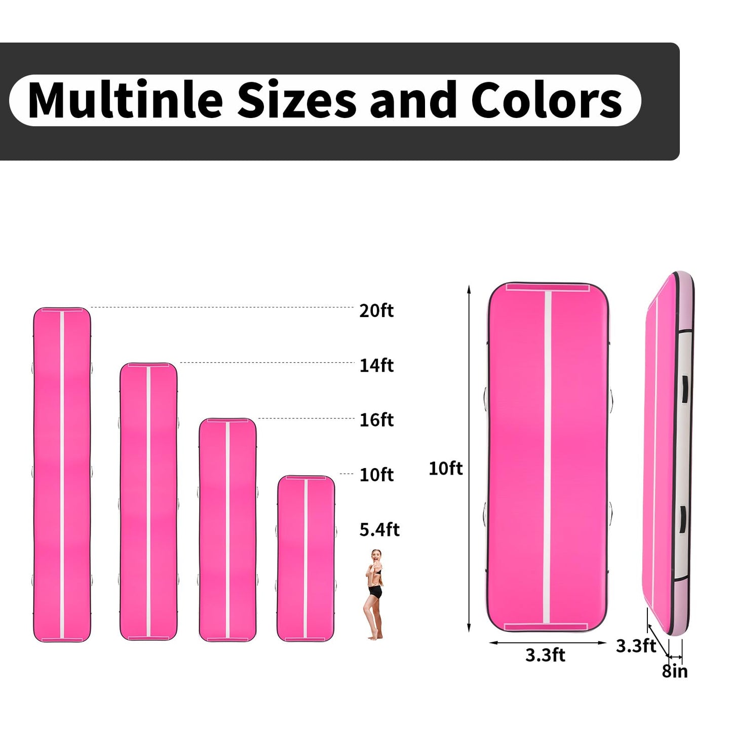 Inflatable Gymnastics Mat Tumble Track (8 Inches Thick) - 10ft Air Floor Training Mats for Home Use, Cheerleading, Water Fun & Camping - Includes 500W Electric Pump & Carbon Pattern Design, Pink