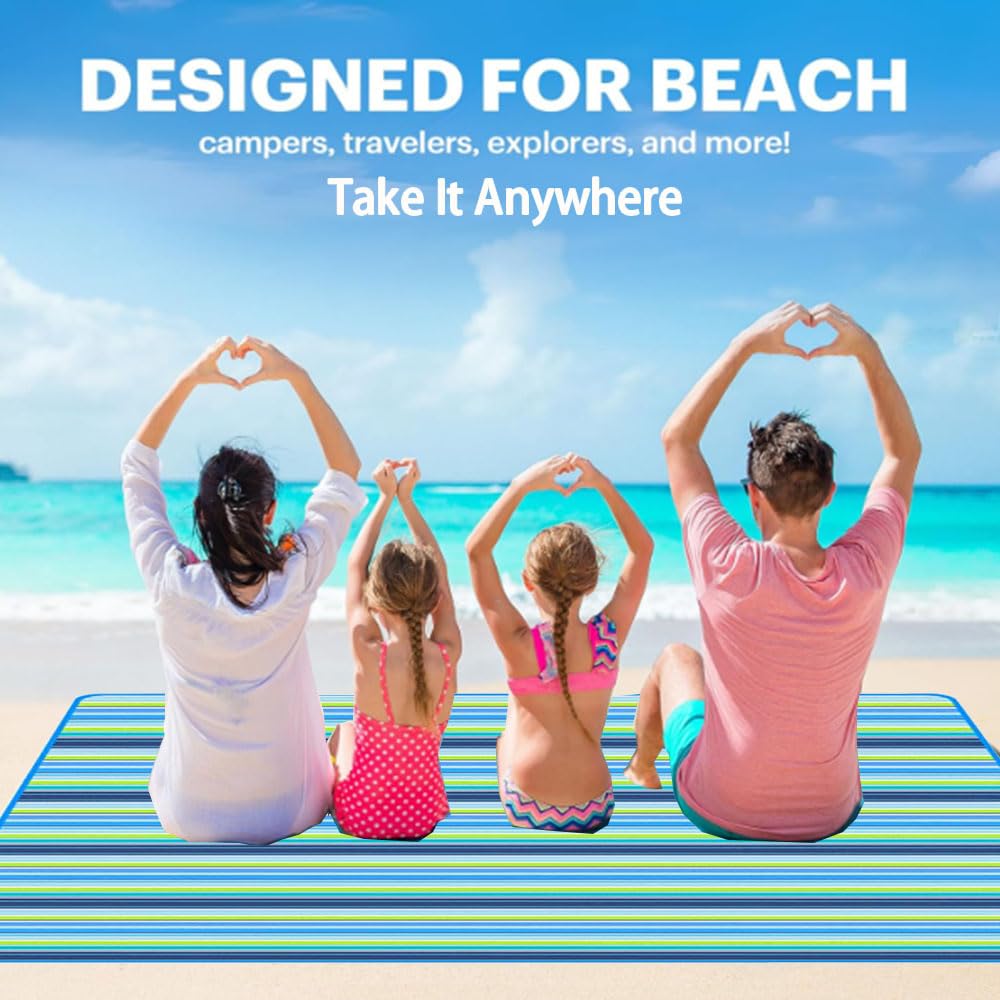 K Y KANGYUN Beach Blanket Outdoor Picnic Blankets Mat 80"x60" Extra Large Waterproof Sand Proof Camping Blanket Lightweight Folding Portable Travel Blanket for Family Park Beach Grass (Blue Line)