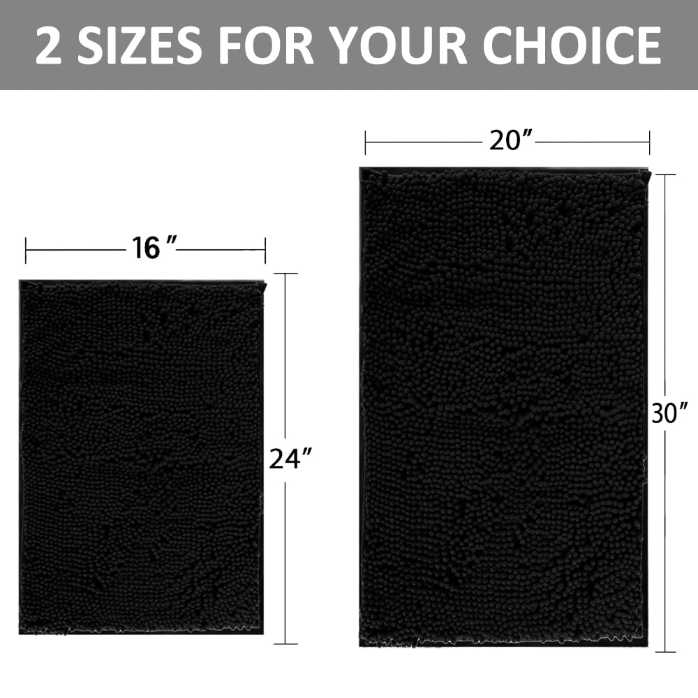 RUN HELIX Bathroom Rugs Set 2 Piece Thick Chenille Bath Mats, Soft Quick Dry Plush Absorbent Bath Rugs with Non-Slip PVC Backing, 32x20+24x16 Inch Black