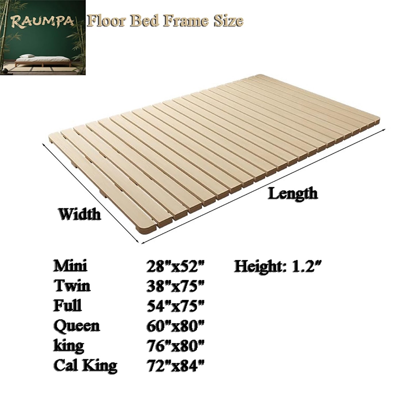 RAUMPA Japanese Floor Low Profile Platform Bed Frame Full Size, Knot-Free Wood Slatted Tatami Mattress Pallet Mat, Minimalist Zen Style to Ground No Legs Foldable Roll Portable